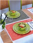 Double Jeu in napkin, placemat, table runner in Coral