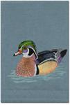 Wood Duck embroidery on robin egg linen guest towel