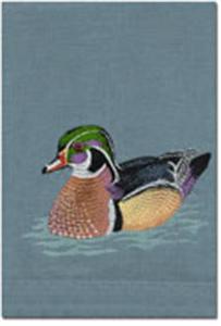 Wood Duck embroidery on robin egg linen guest towel