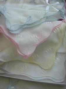 Muget Lily of Valley on white cotton handkerchief