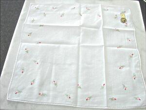 Rosebuds on hemstitched cotton handkerchief