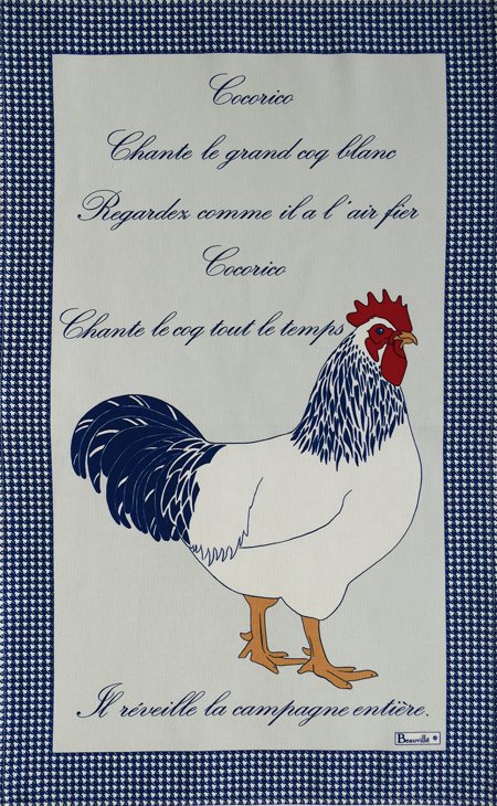Rooster and Hen in blue French towel set by Beauville