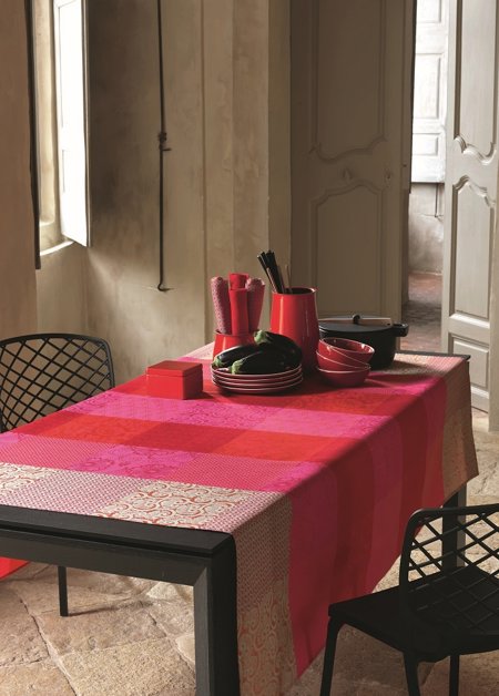 Fleurs de Kyoto cherry red Coated Table Linens by Le Jacquard Francais